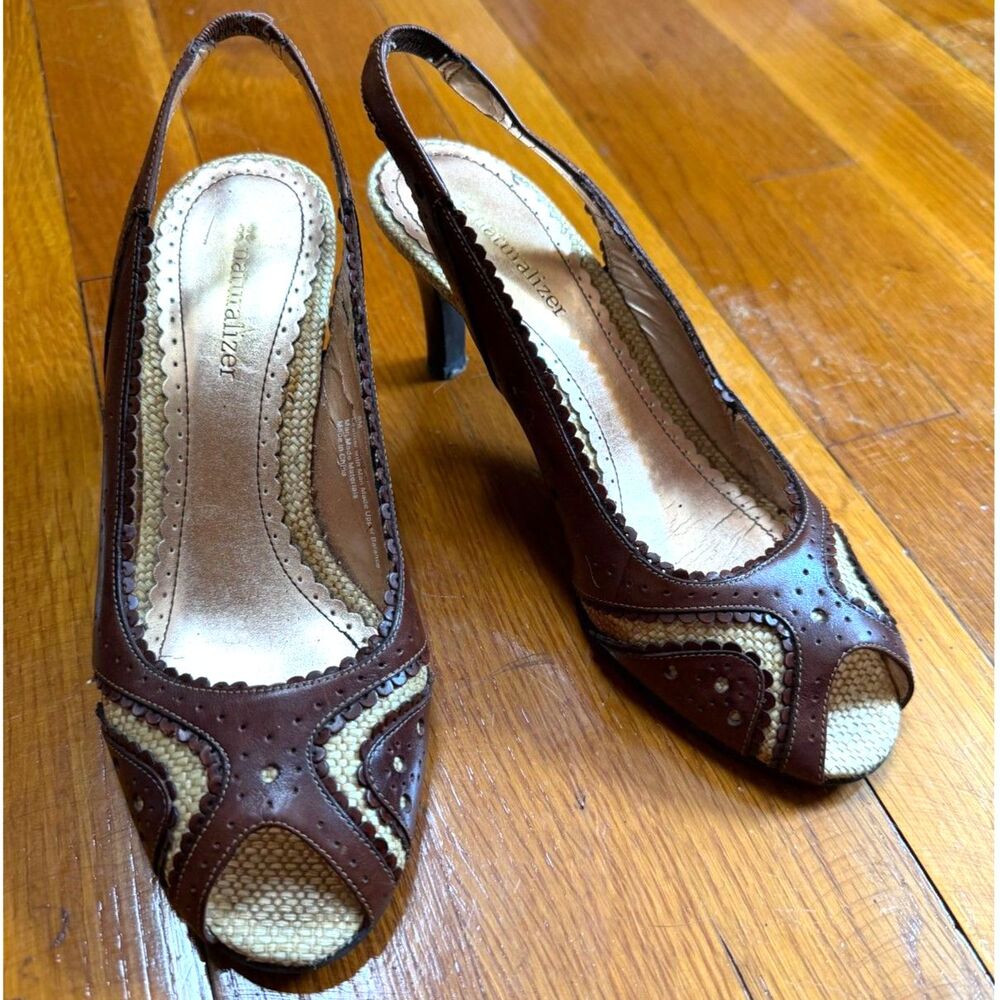 Naturalizer Vintage Brown Leather Mesh Slingback Heels Peep Toe Brogue Size 6